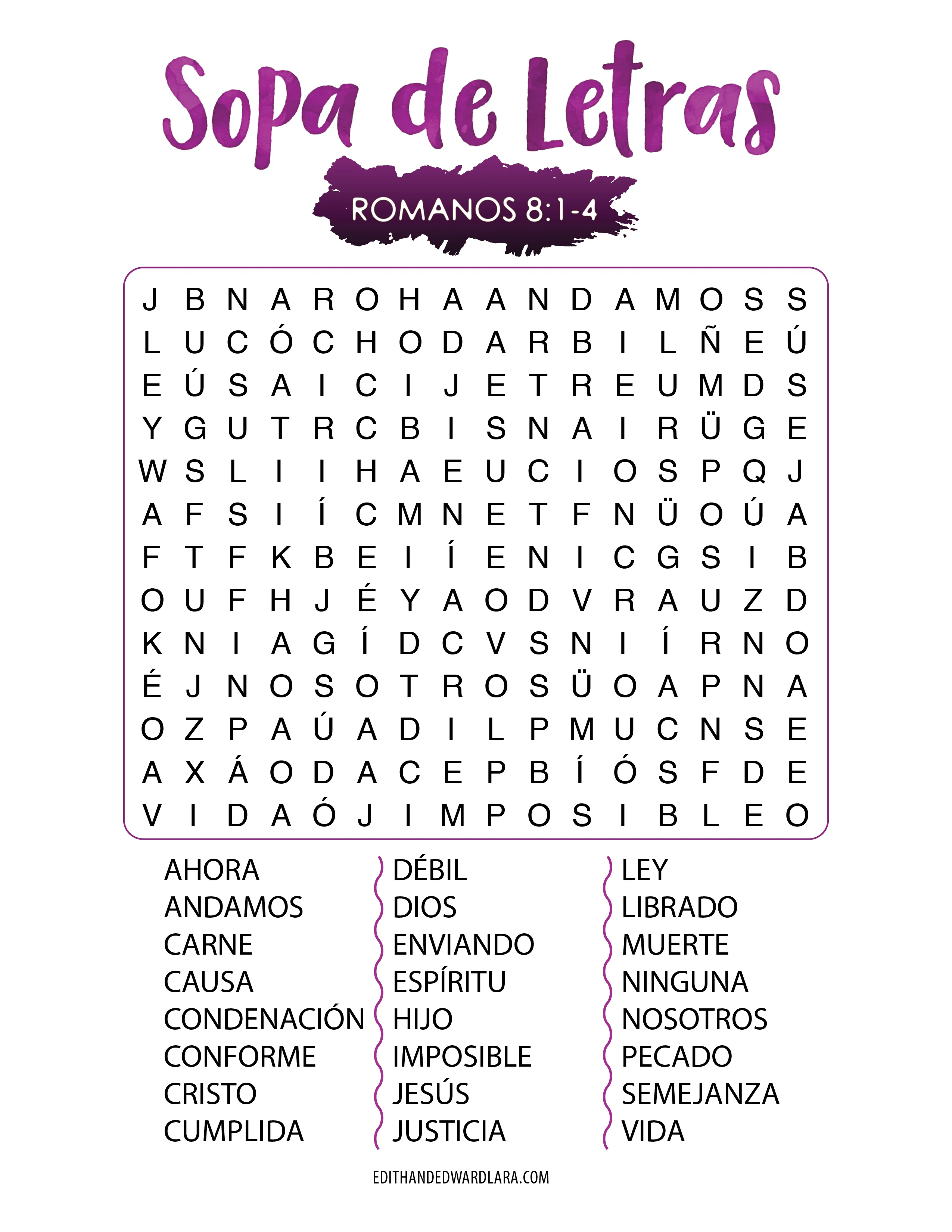Romanos 8:1-4 - Sopa de Letras | Sopas de letras para imprimir gratis, Sopa de letras, Lecciones de la escuela dominical Romanos 8:1-4 - Sopa de Letras | Sopas de letras para imprimir gratis, Sopa de letras, Lecciones de la escuela dominical