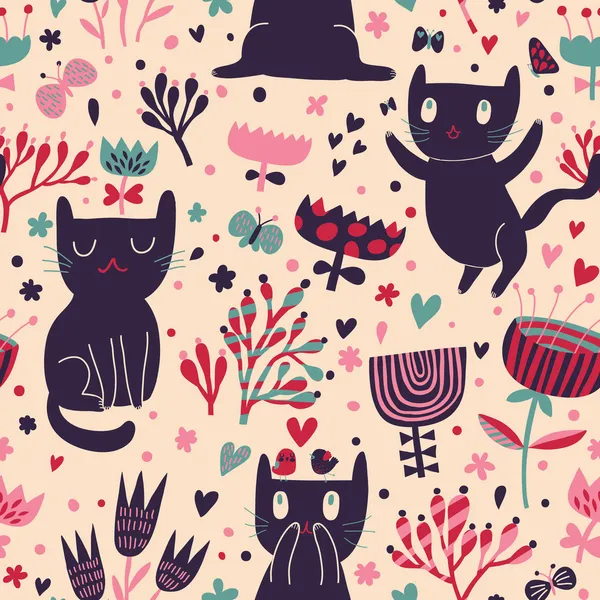 Romantic cartoon wallpaper. Childish background with funny cats ...