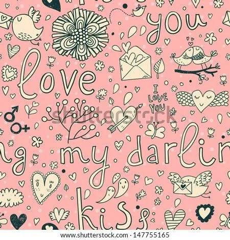 Romantic Seamless Pattern In Pink Colors With Hearts, Birds ...