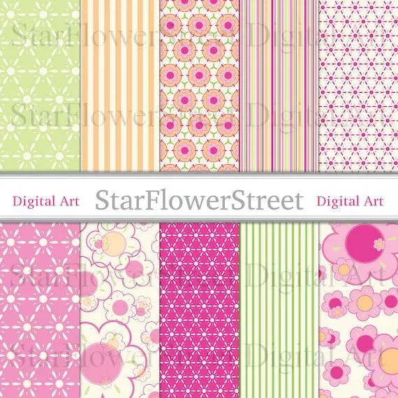 Rosa papel Digital verde flor para imprimir por StarFlowerStreetDA