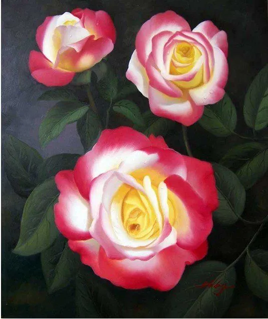 Rosas amarillas rosadas flores In jardín pintura al óleo Floral en ...