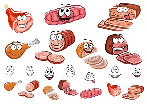 Salchichas y personajes de dibujos animados de carne — Vector ...