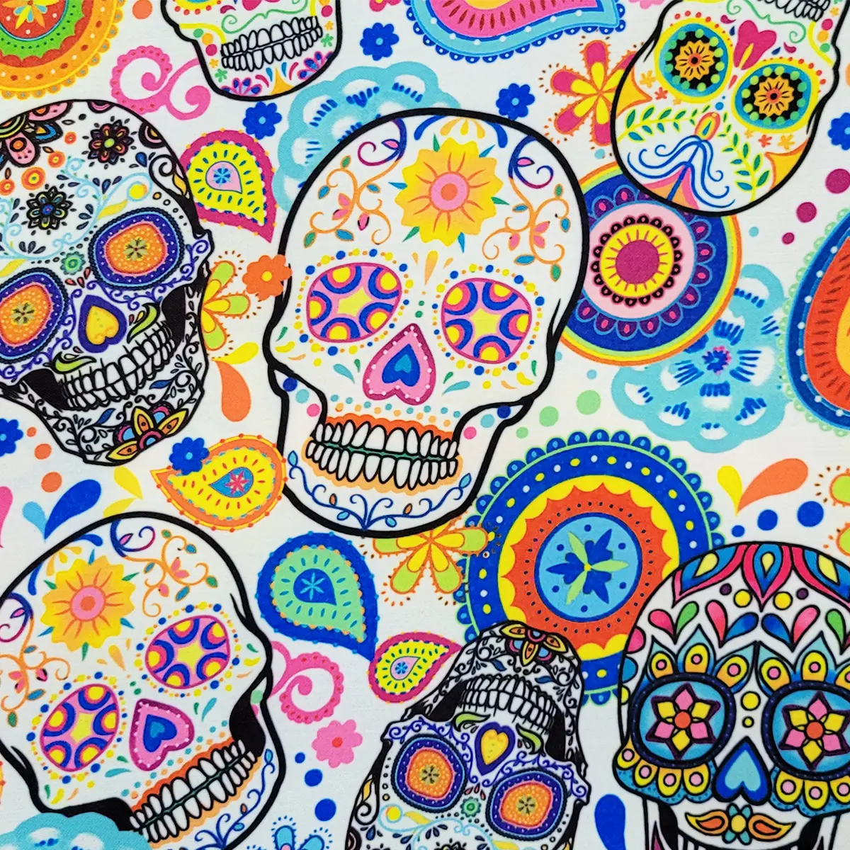 Satín Digital Día de muertos Calaveras de Colores – Telas Junco