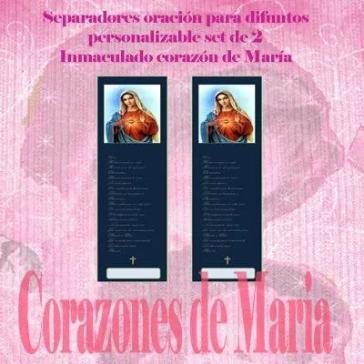 Corazones de Maria: Separador con oración para difuntos set de 2 Corazones de Maria: Separador con oración para difuntos set de 2