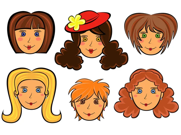 Set de seis caras de mujeres de dibujos animados — Vector stock ...