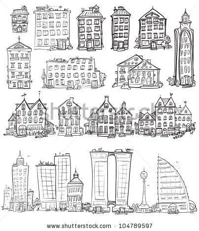Set of hand drawn houses, doodled city, town doodles | Dibujos ...