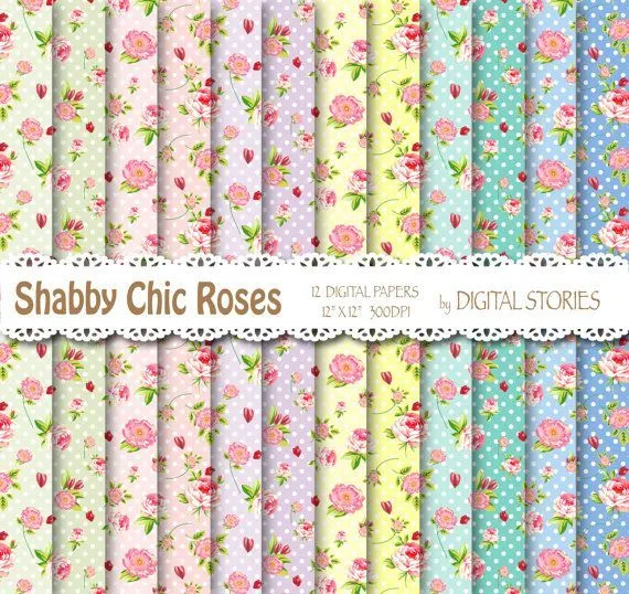 Shabby Chic Digital Paper: "DOTS ROSES" Floral Colorful for ...
