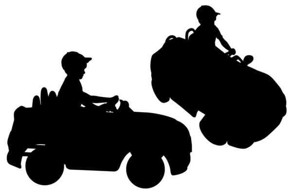 siluetas de niño pequeño conducir coche de juguete — Vector stock ...