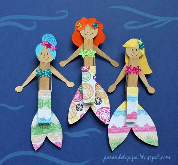 Sirenas hechas con pinzas de la ropa y papel | Craft ...
