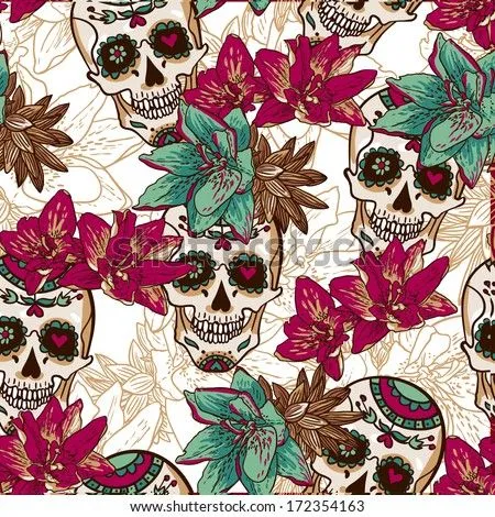 Skull, Hearts And Flowers Seamless Background Ilustración ...