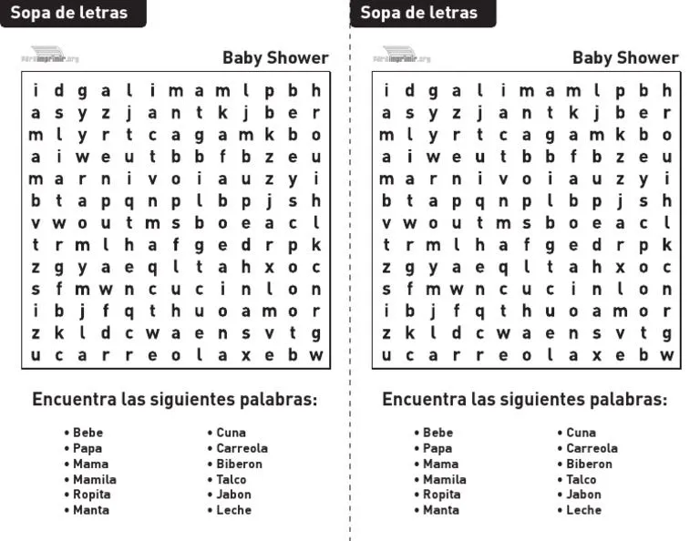 Sopa de Letras Baby Shower para Imprimir | PDF | Infancia | Etapas de la  vida humana
