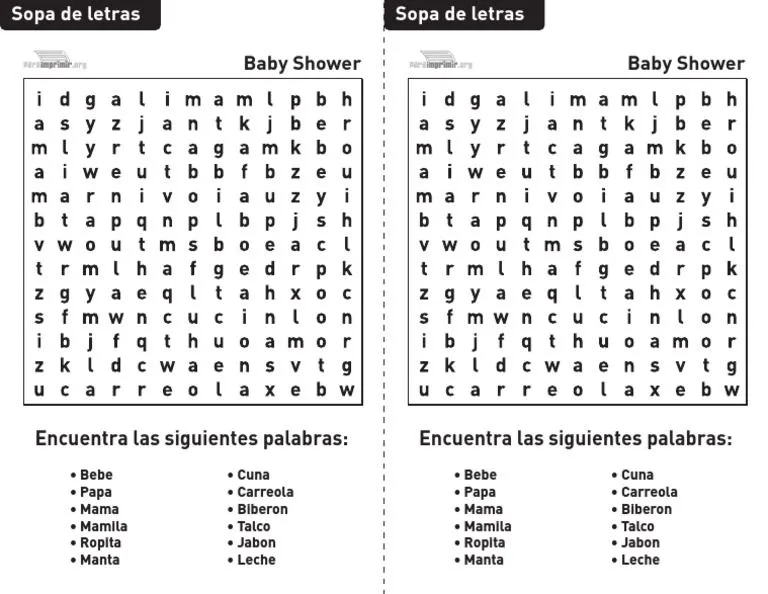 Sopa de Letras Baby Shower para Imprimir PDF | PDF