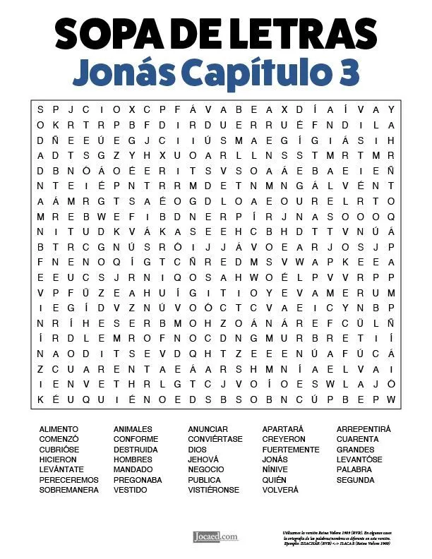 Sopa de Letras: Jonás Capítulo 3 | Sopa de letras, Sopa de letras dificil, Lecciones de la escuela dominical Sopa de Letras: Jonás Capítulo 3 | Sopa de letras, Sopa de letras dificil, Lecciones de la escuela dominical