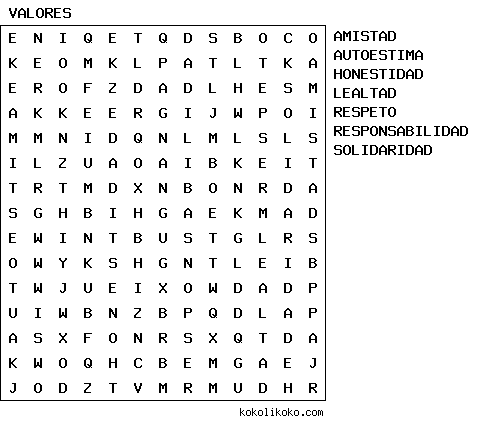 Sopa de letras de valores - Imagui