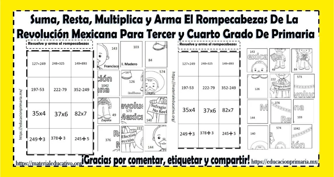 Suma, resta, multiplica y arma el rompecabezas de la revolución mexicana de  tercer y cuarto grado de primaria | Material Educativo