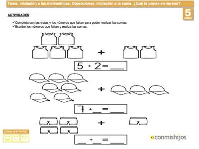 Sumar prendas de vestir. Ficha de matemáticas para niños Sumar prendas de vestir. Ficha de matemáticas para niños