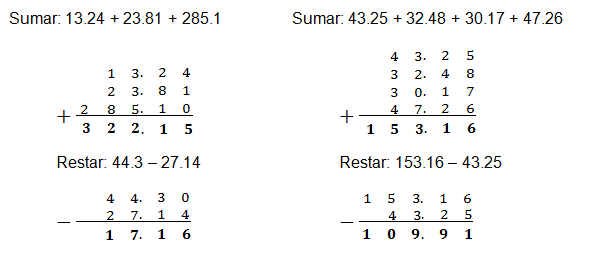 Ejemplos de sumas con punto decimal - Imagui