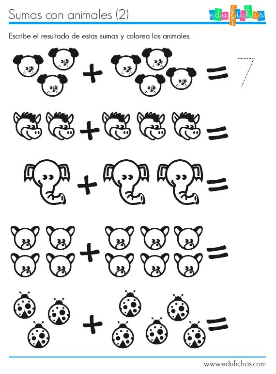 Sumas con dibujos de animales. http://www.edufichas.com ...