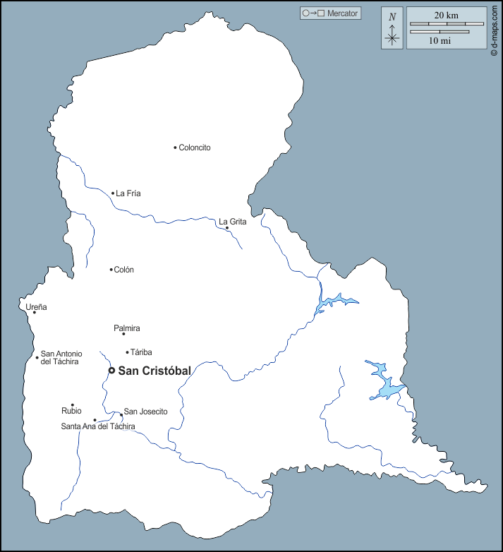Táchira free map, free blank map, free outline map, free base map outline,  hydrography, main cities, names