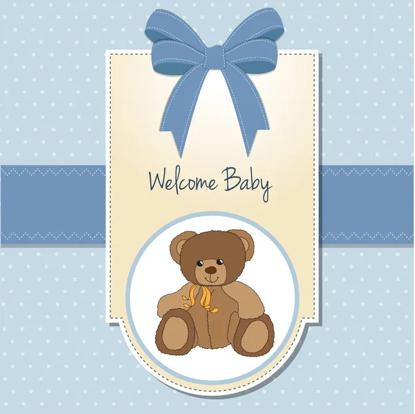 tarjeta de bienvenida de niño bebé con oso de peluche — Foto stock ...