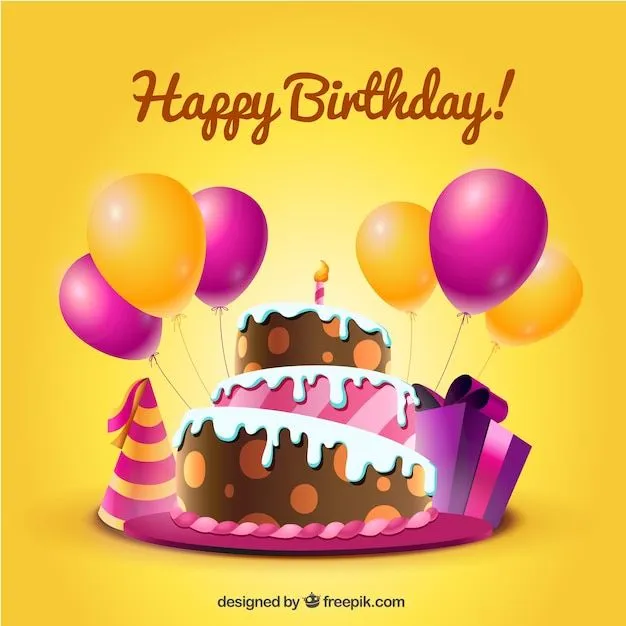 Tarjeta de cumpleaños con pastel y globos en estilo de dibujos ...