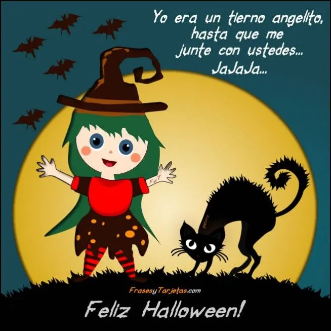 Tarjeta de Halloween Brujita y Gato Negro | frasesytarjetas.com