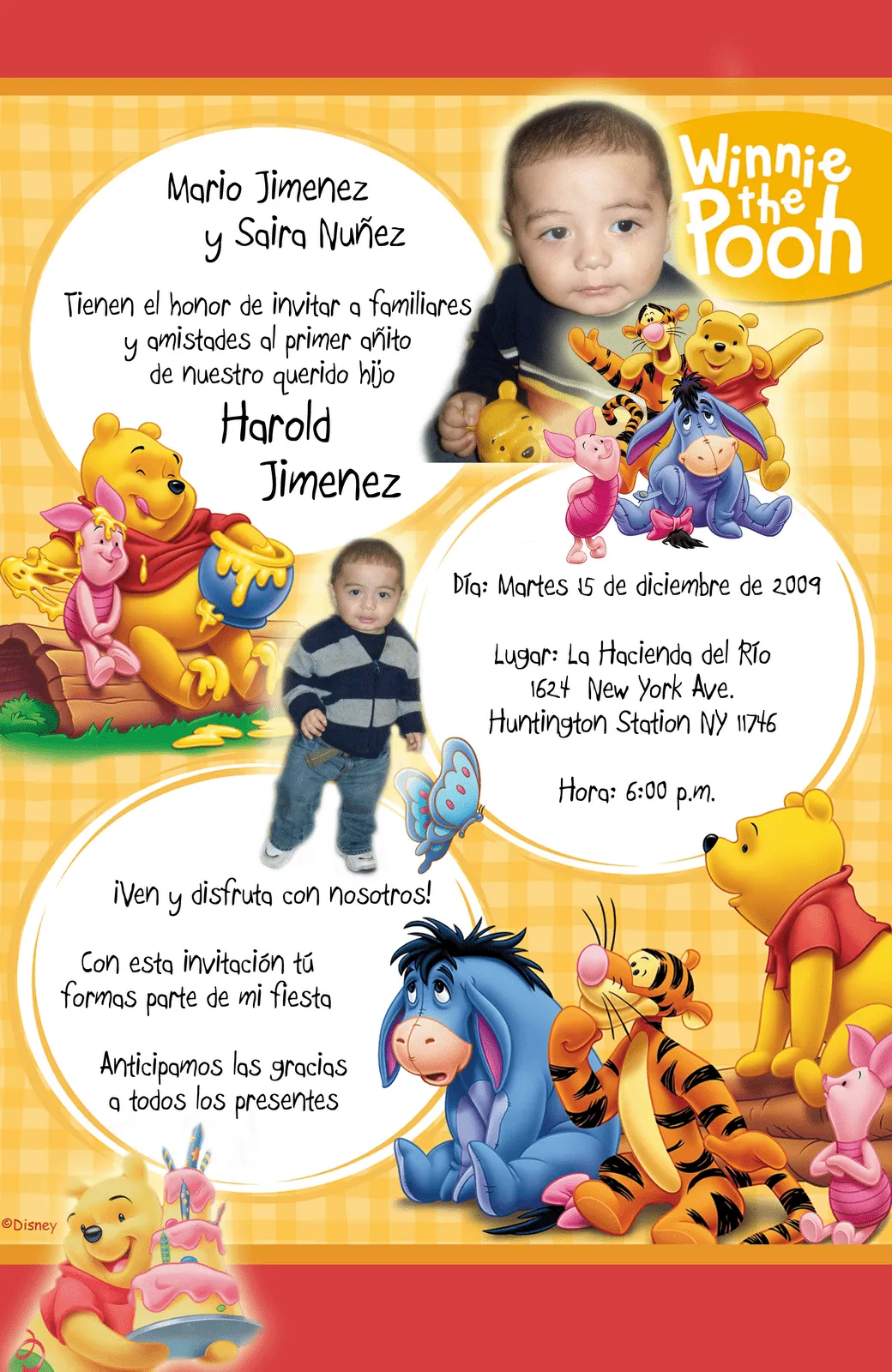 Tarjeta de Invitación Infantil de Cumpleaños Winnie Pooh 1 Año ...