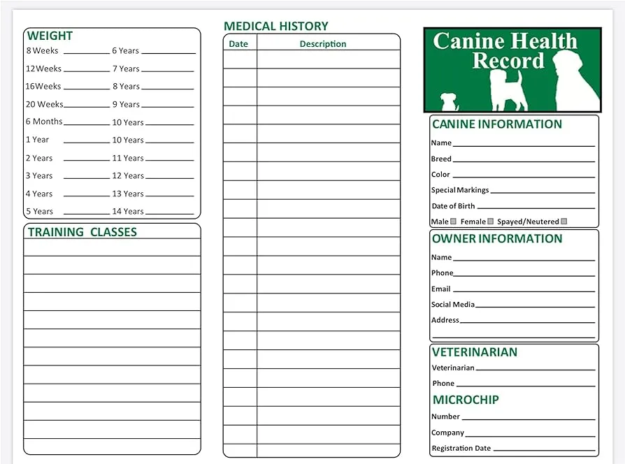 Tarjeta de registro de vacunación para perros (25 unidades, grande, 8.5 x  11 pulgadas), vacunas para perros, registro de tiros para cachorros,  registros de salud de mascotas para caninos : Amazon.com.mx: Productos