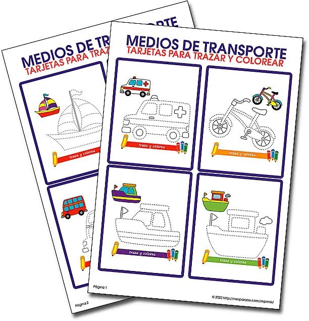 Tarjetas de Medios de Transporte para Trazar y Colorear PDF