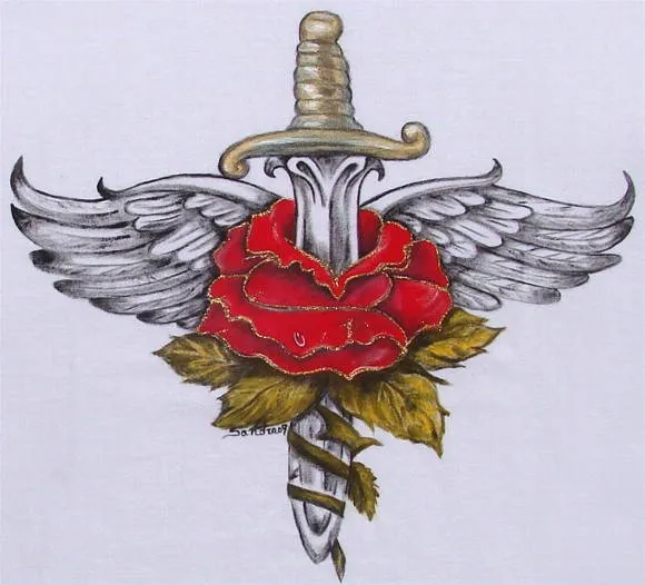 Tatuagem de Asas com Rosa e Espada | Elo7