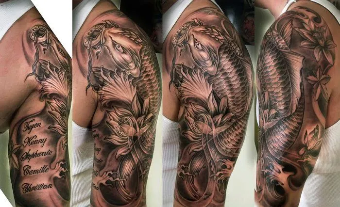 El mejor tatuaje de pez koi en blanco y negro | Fotos de Tatuajes