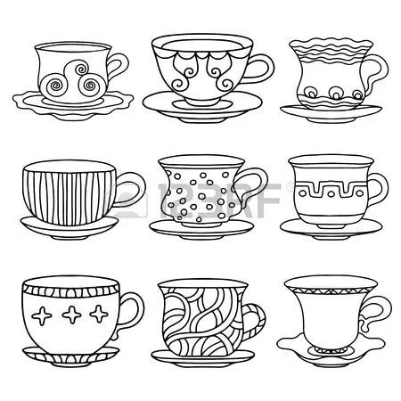 Taza de té, taza de café, platillos, establezca dibujo icono línea ...