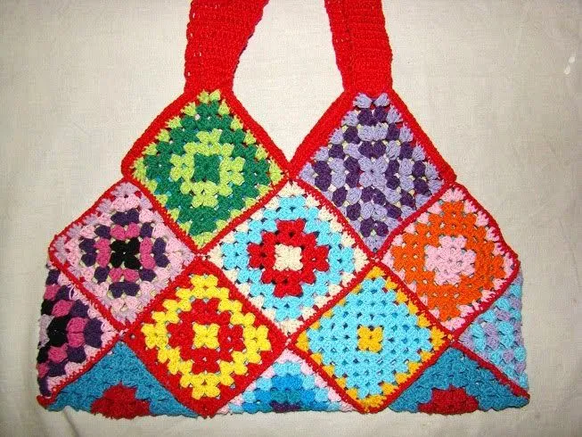 tejidos artesanales en crochet: bolso multicolor con cuadrados ...