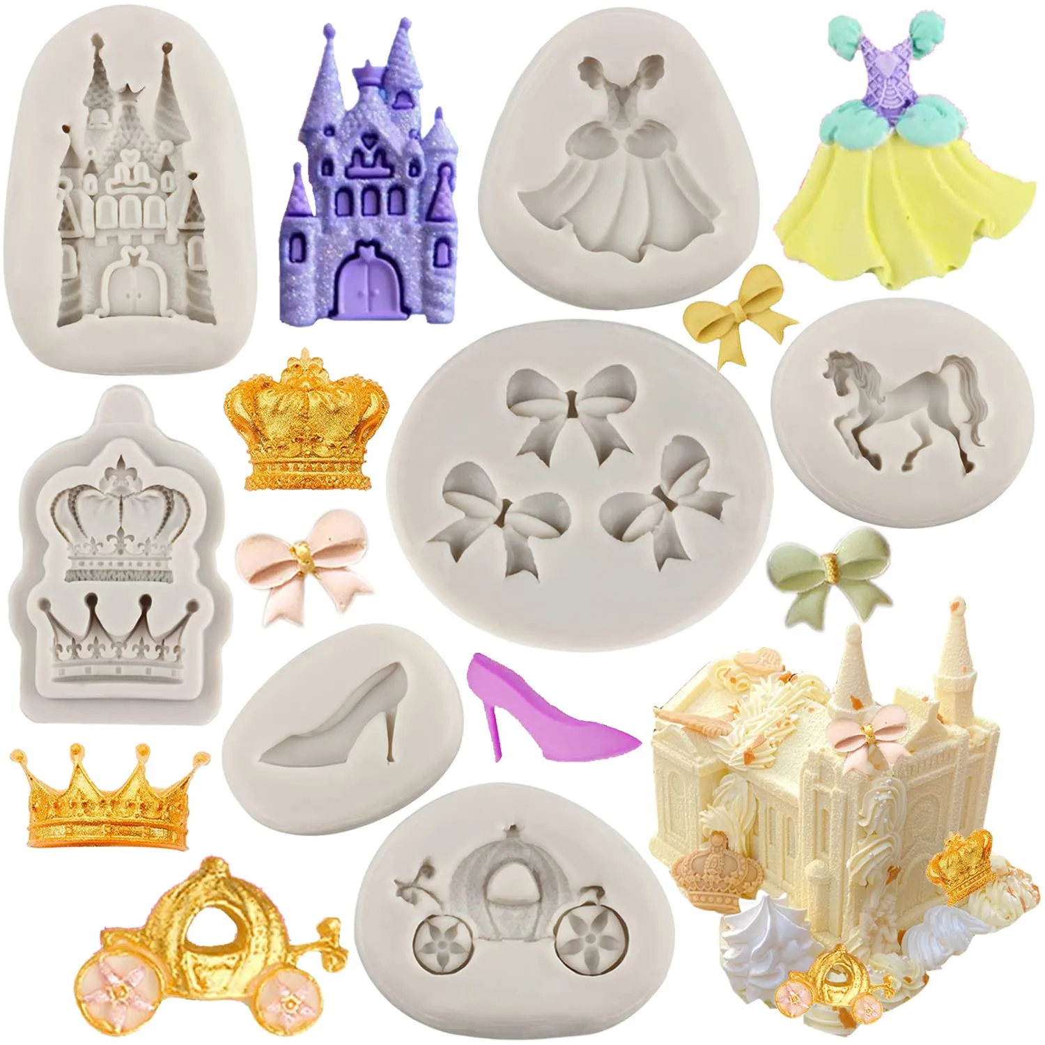 TEYOULIN Molde de fondant de Cenicienta, castillo, calabaza, carruaje,  vestido de princesa, zapatos de vidrio, corona