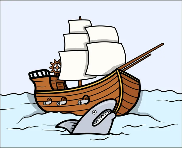 Tiburón y viejo barco en mar - ilustración vectorial de dibujos ...