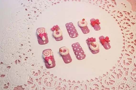 Tienda de dulces Rosa uñas Kawaii 3D Nail Art por BubbleCafe