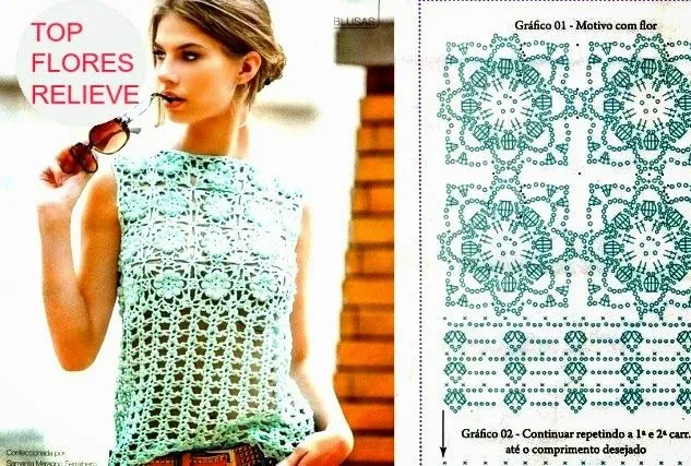 Top Crochet Flores relieve punto cuadrado - Patrones Crochet