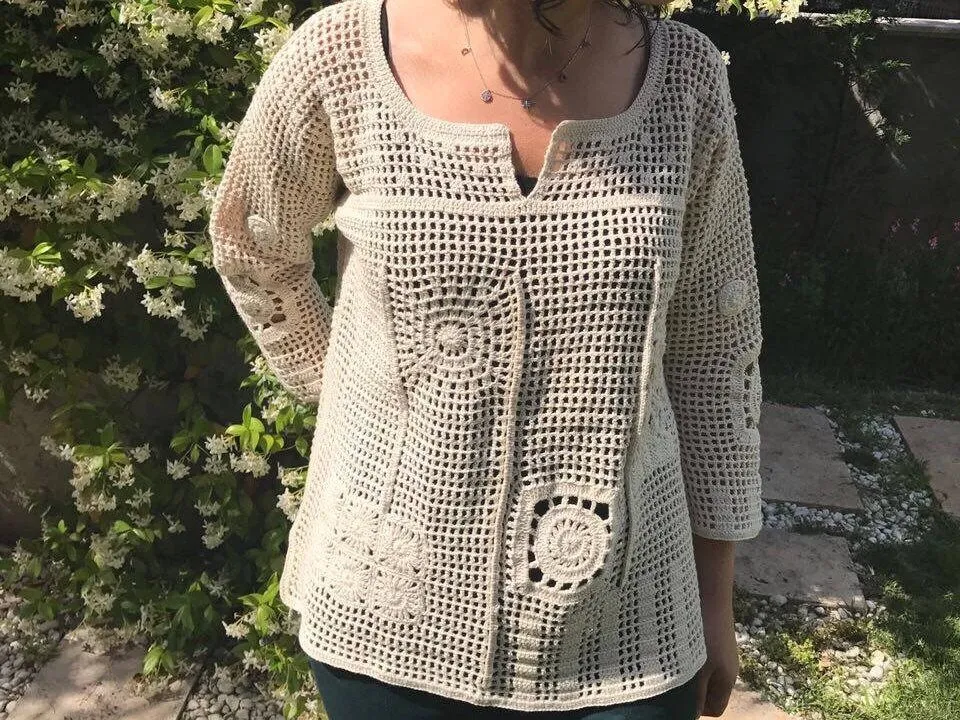 Top de ganchillo blusa Ecru de manga larga suéter de verano - Etsy México