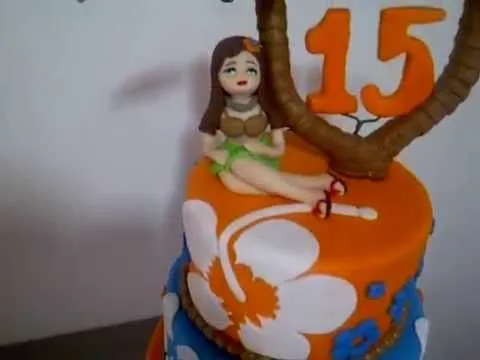 Torta hawaiana para 15 años de color azul rey y naranja - YouTube