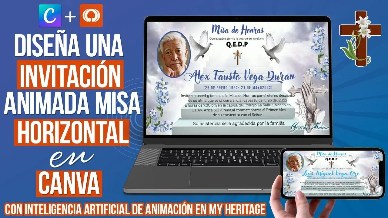 TUTORIAL COMPLETO-CREA UNA INVITACIÓN ANIMADA DE MISA DE HONRAS HORIZONTAL  EN CANVA 