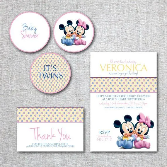 TWINS Baby Shower Invitation Set Mickey Mouse Baby Minnie Modern ...