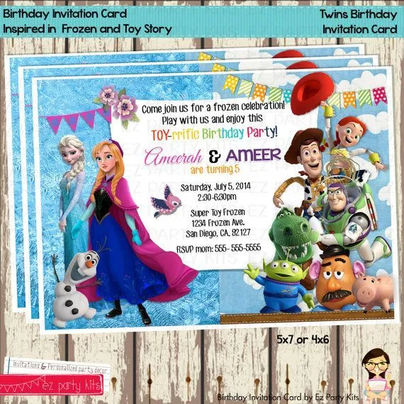 Twins Birthday Invitation Card Frozen Toy Story by EZPARTYKITS ...