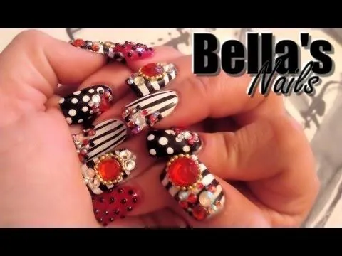 Uñas estilo Sinaloa:Diseño Blanco,Negro y Rojo, con piedras | Nail ...