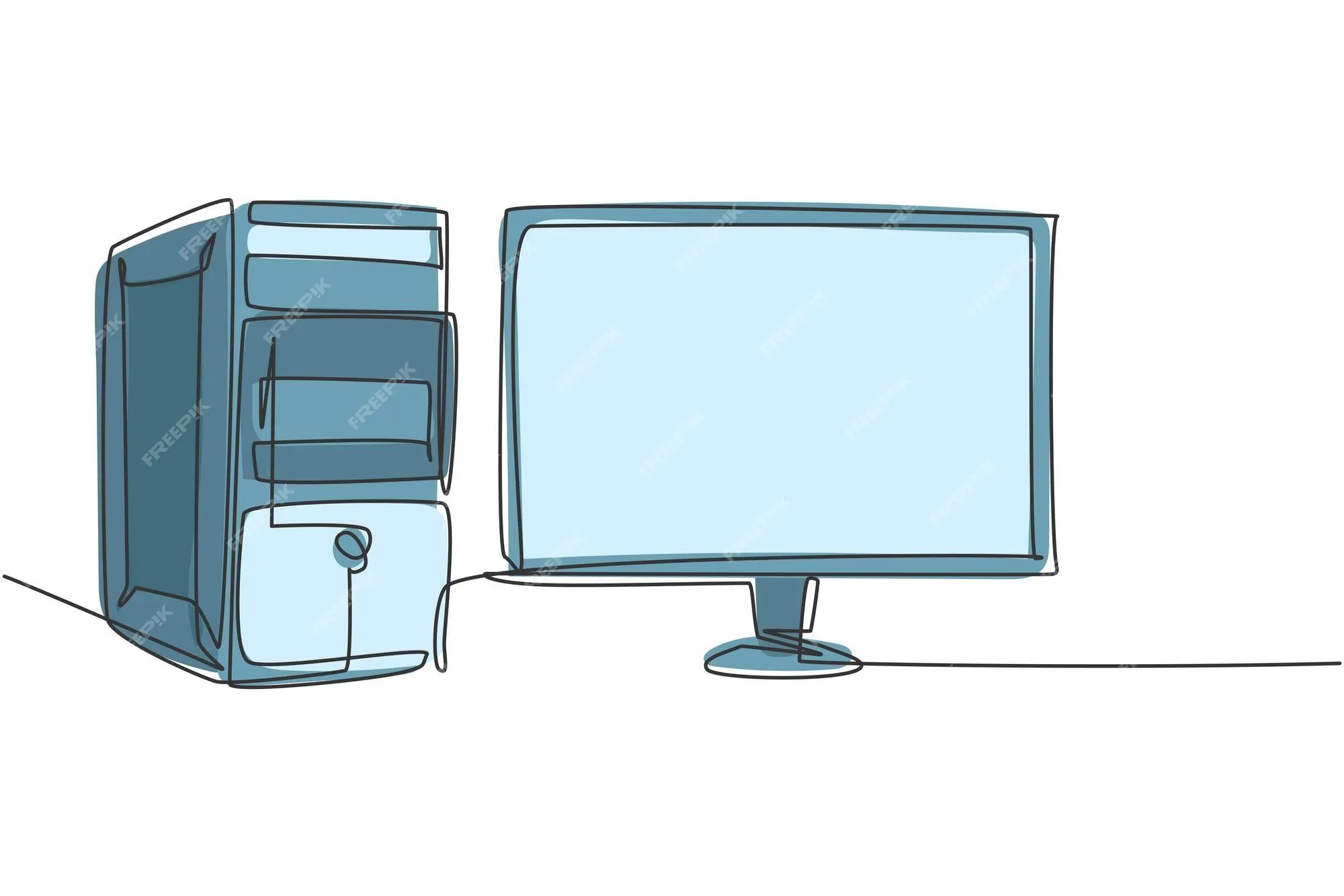 Unidad de computadora con cpu de dibujo de línea continua única y monitor  de pantalla para pequeñas empresas desde casa | Vector Premium