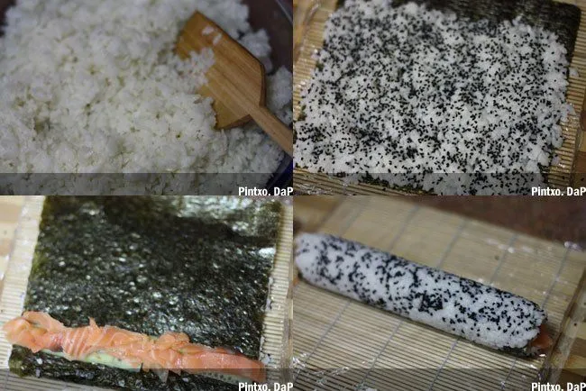 Uramaki de pepino, salmón y semillas de cebolla