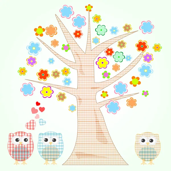 Vector cute little búhos en árbol de amor y flores — Vector stock ...