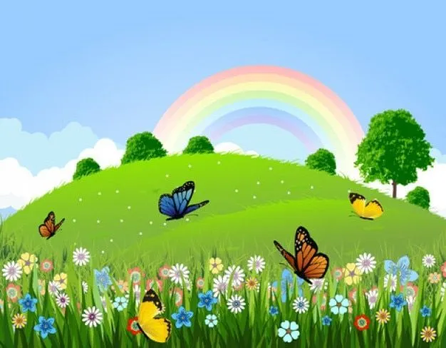vector verde paisaje con mariposas y arco iris | Descargar ...