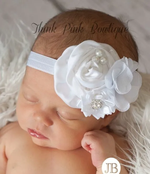 Venda del bebé blanco diademas de bebé bautizo por ThinkPinkBows