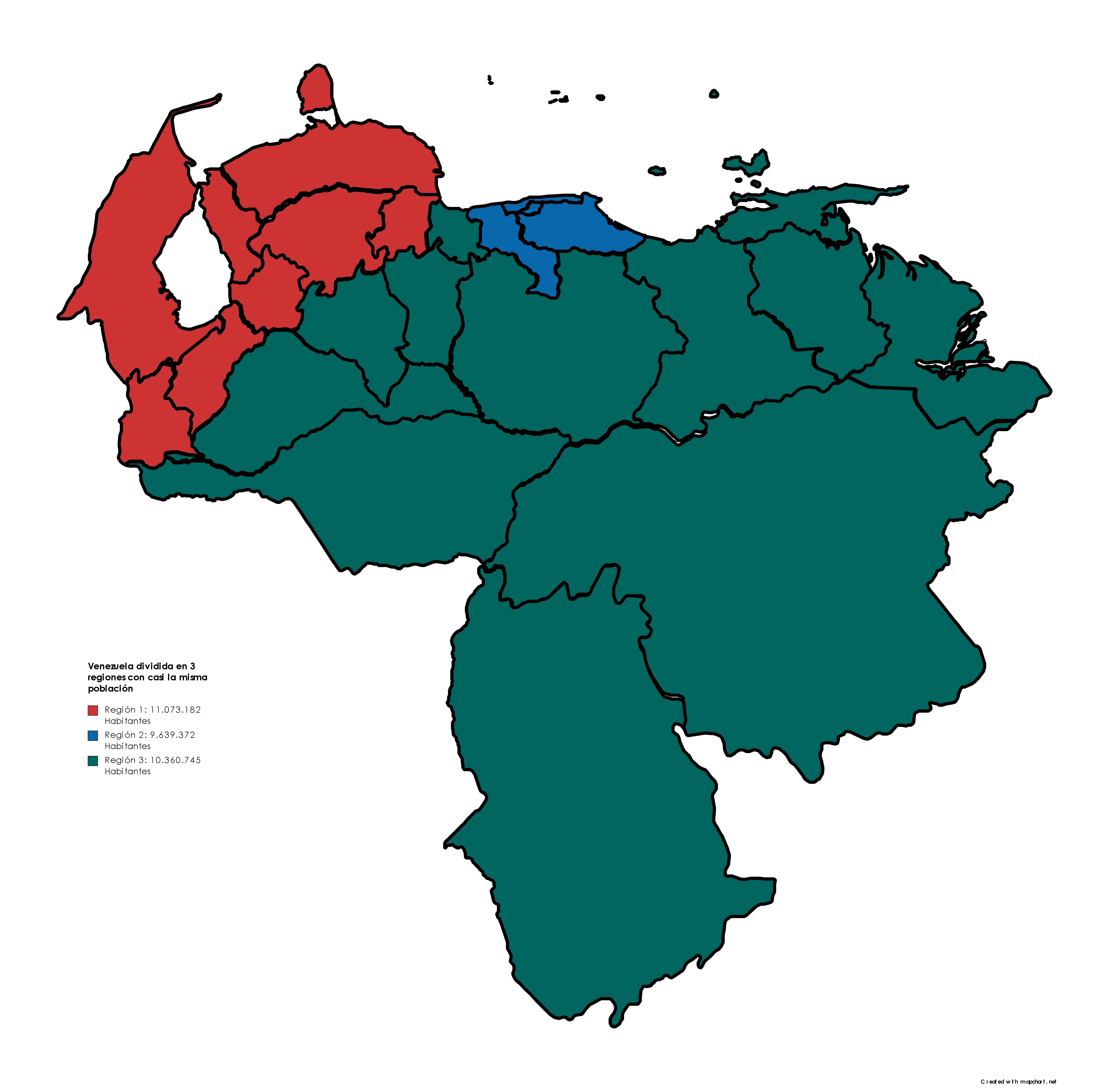 Venezuela dividida en 3 regiones con casi la misma población : r/vzla