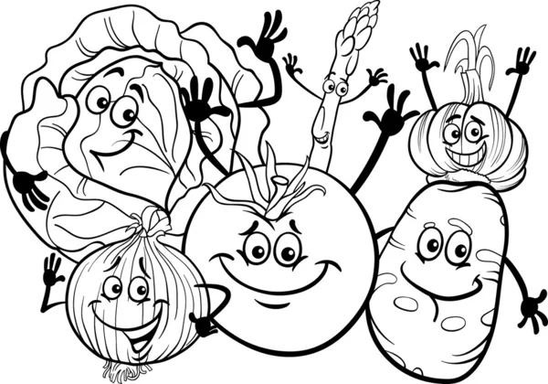 verduras grupo de dibujos animados para colorear libro — Vector ...